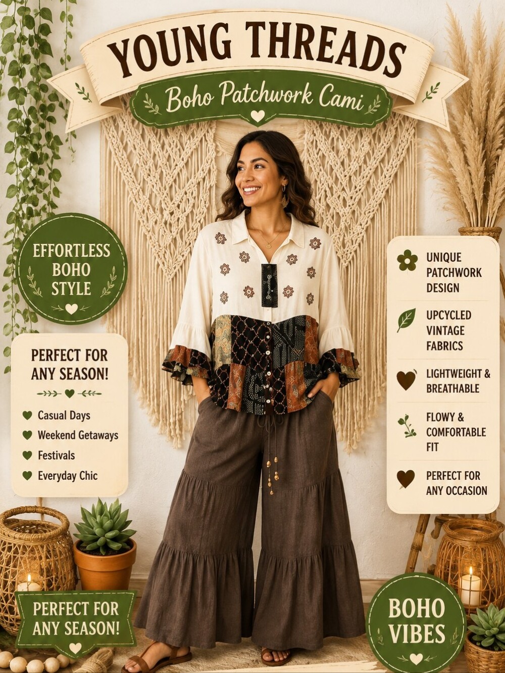 172 Young Threads Cream Boho Patchwork Tunic